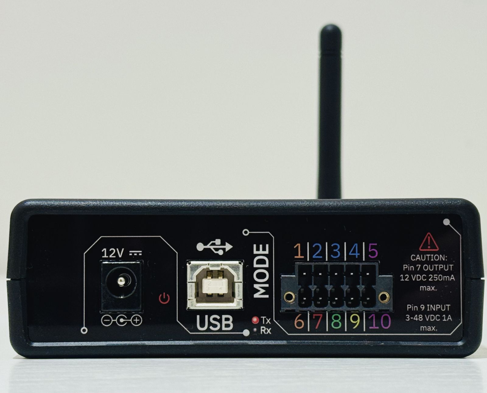 WiEPOut T1 rear panel: 12 V DC input, USB-B serial port and 10-pin wireless I/O terminal block
